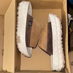 UGG Tan and White Slide Sandals